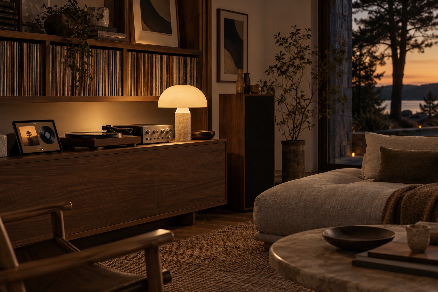 An intimate walnut listening room with records and warm evening lamplight.
