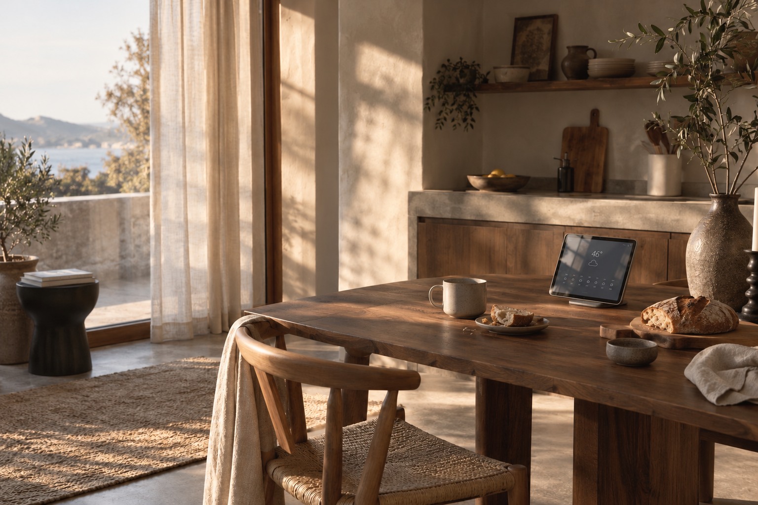A warm kitchen in morning sunlight with a small tablet on a walnut table.