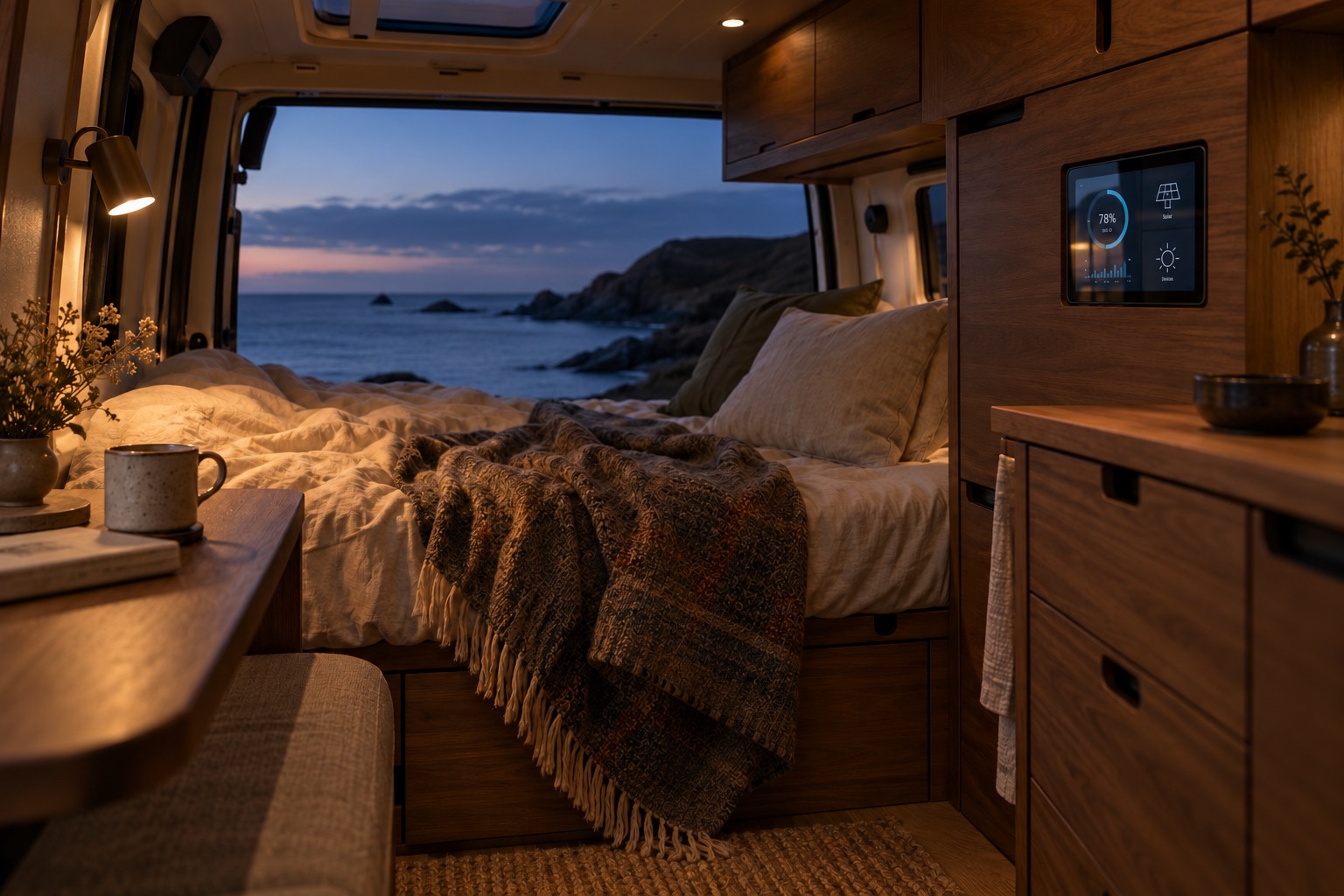 A walnut camper interior at dusk overlooking the coast.