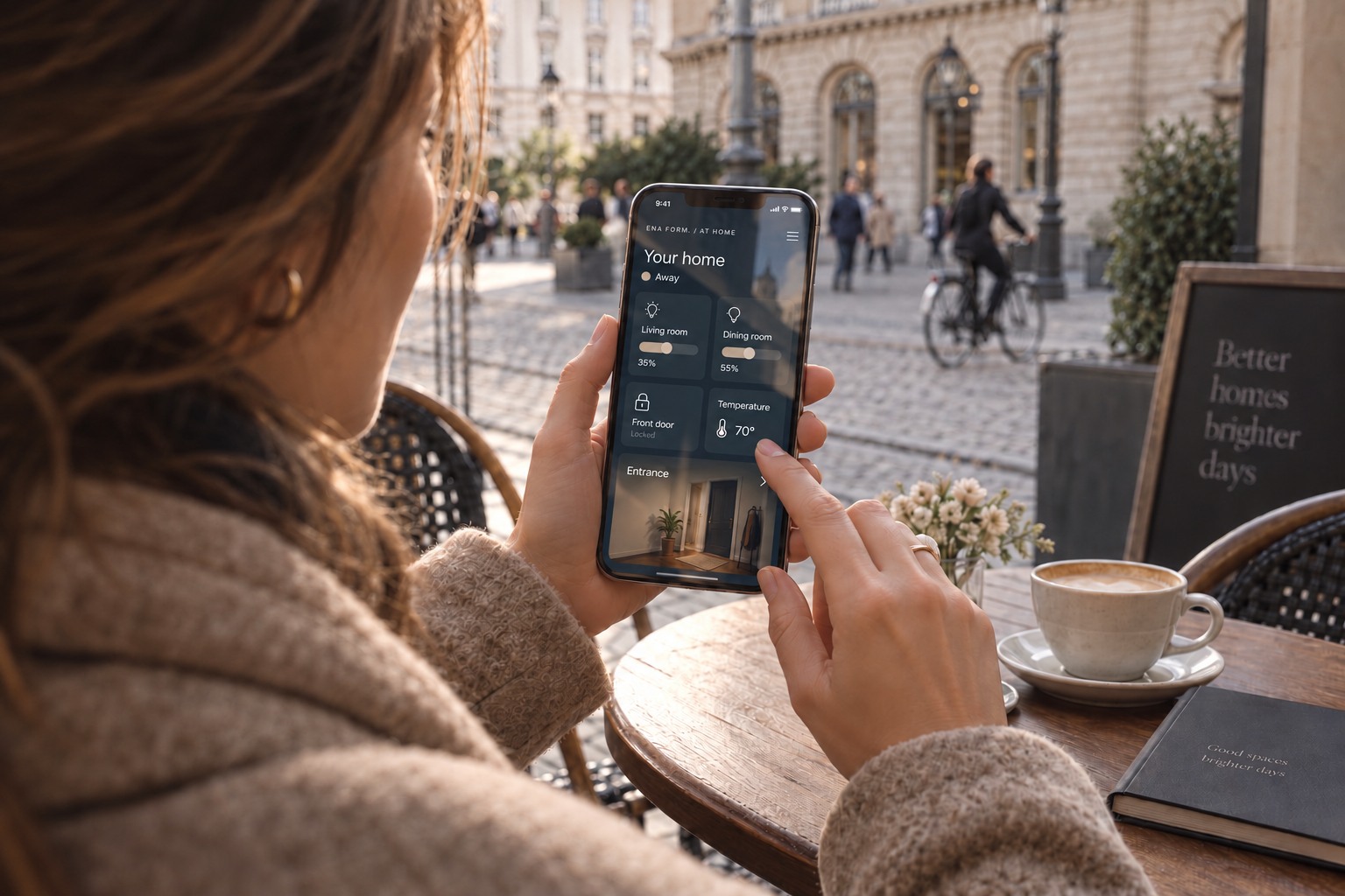 A woman at an outdoor café using Ena Form. on her phone to adjust lights and check home status.