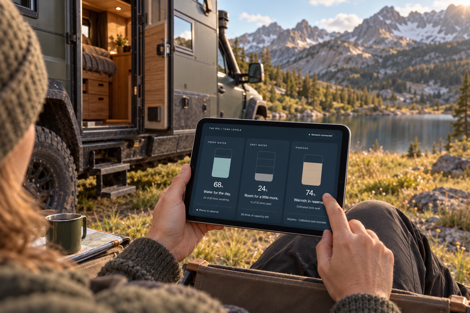 A traveller checking water and propane reserves on an iPad beside a rugged expedition truck at a mountain campsite.