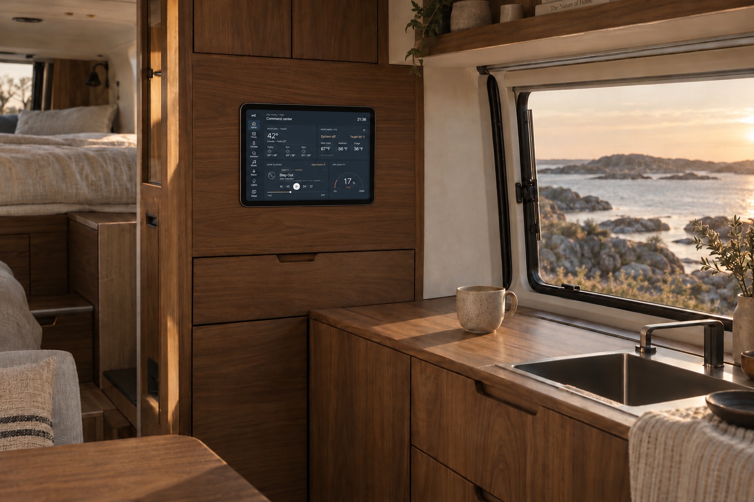 A small landscape tablet integrated into walnut camper cabinetry, displaying the existing Ena Form. interface beside a coastal window.