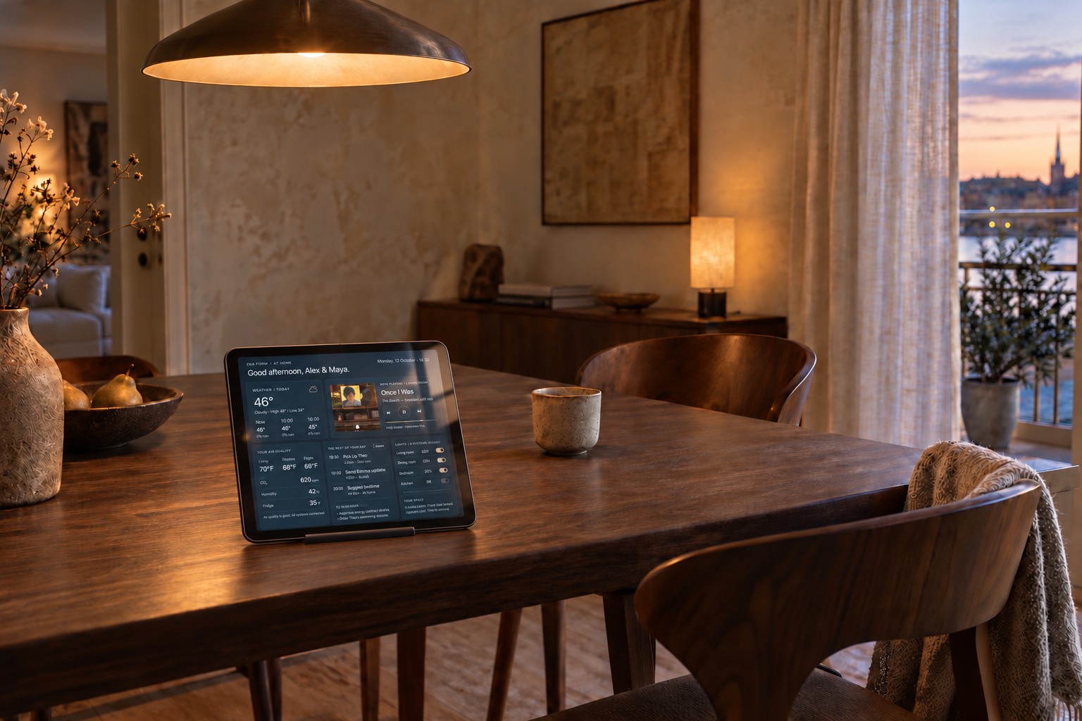 A small iPad mini sized landscape tablet on a discreet stand on a walnut dining table, showing the existing dark Ena Form. dashboard in a softly lit interior.