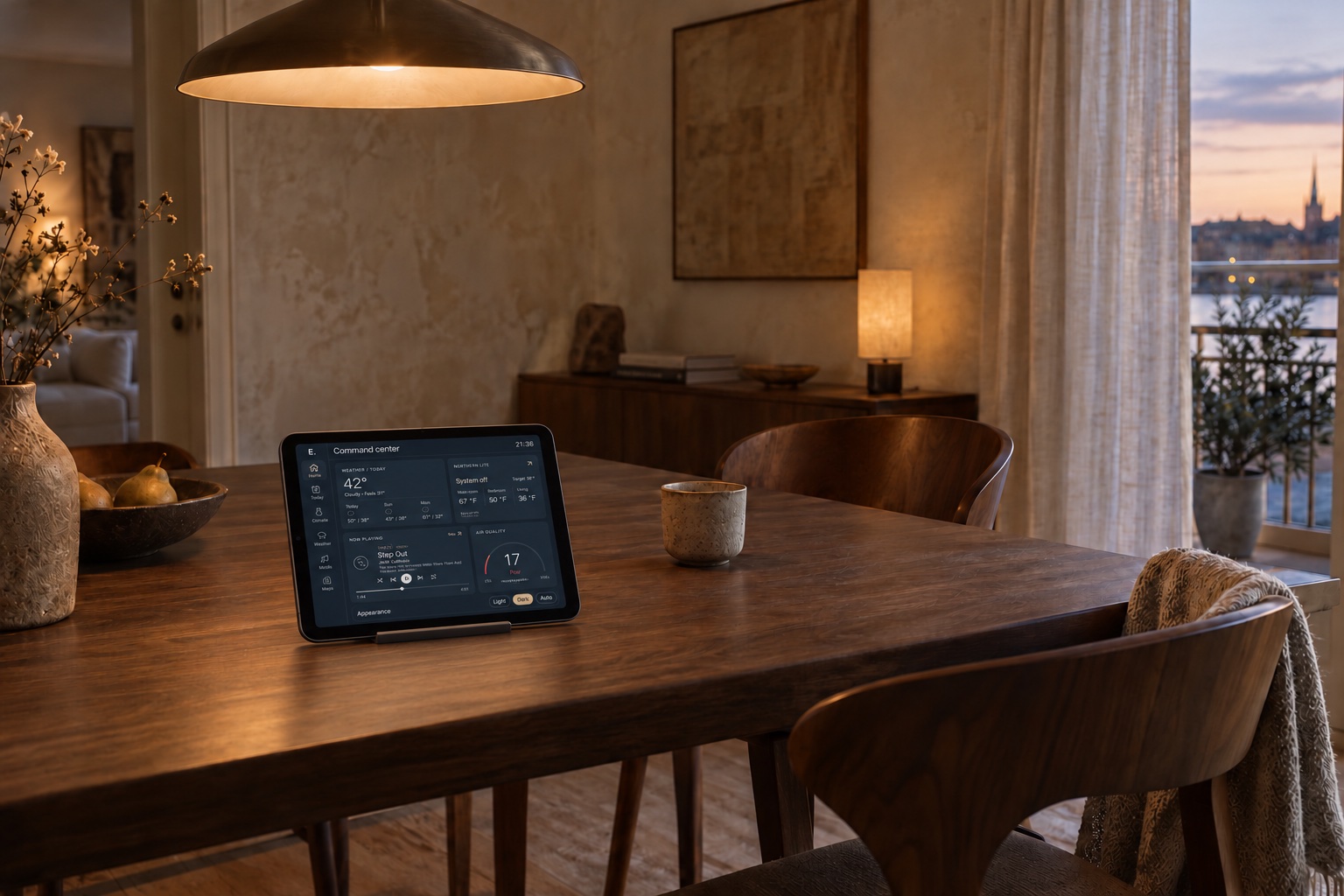 A small iPad mini sized landscape tablet on a discreet stand on a walnut dining table, showing the existing dark Ena Form. dashboard in a softly lit interior.