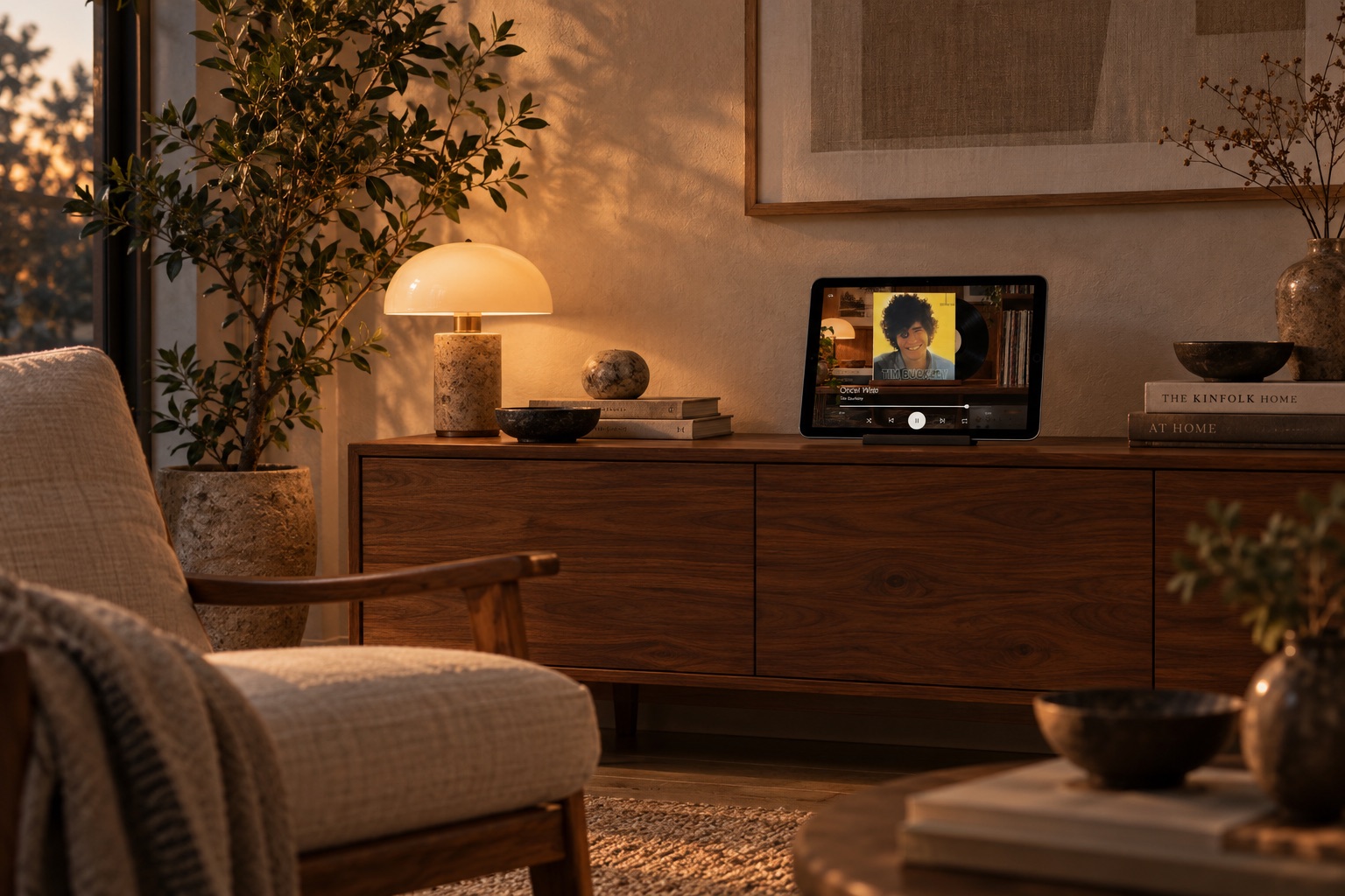 A small iPad mini showing Vinyl Mode on a walnut sideboard in a softly lit room.